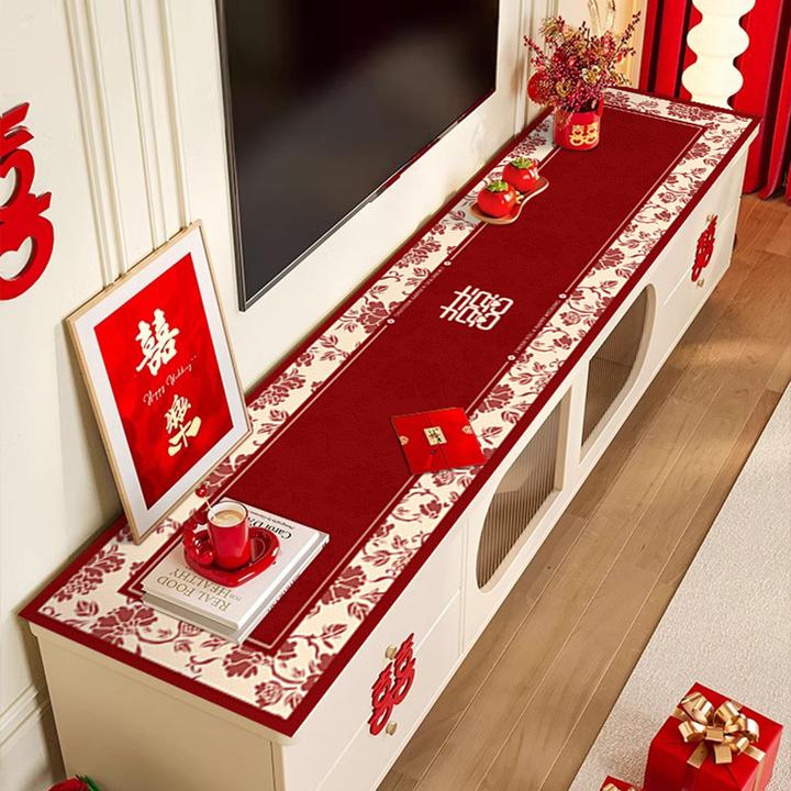 结婚电视柜桌布红色喜庆喜字鞋柜台面皮革保护垫餐边柜长条桌垫子