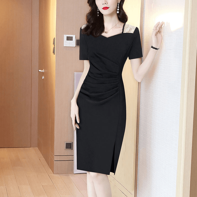 2024新款夏女士修身气质洋气连衣裙OL包臀裙一步裙黑色裙子6002