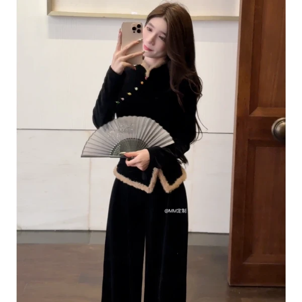 【萌萌家定制女装-福利款】加厚保暖黑色丝绒抗寒新中式上衣A334