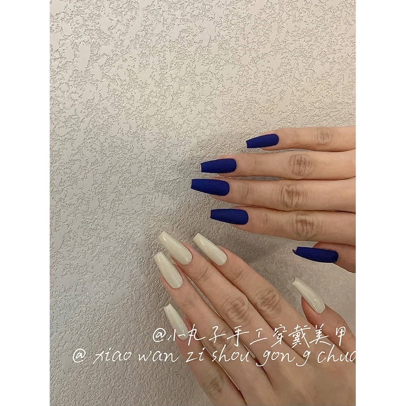 INS欧美风个性辣妹高级感纯色鸳鸯款蓝白显白手工光疗穿戴甲孕妇