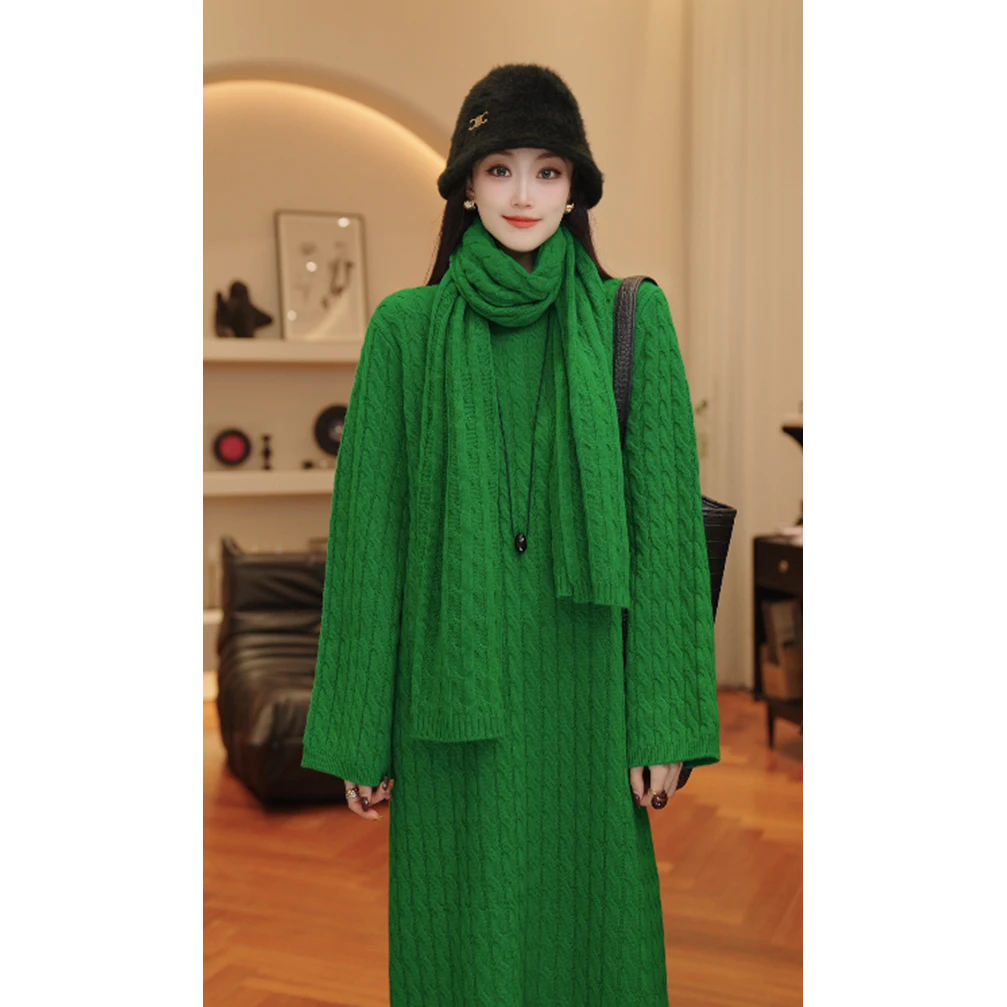 THE MENG【左岸】绵羊毛慵懒麻花针织连衣裙#M244G0021+M244G0030