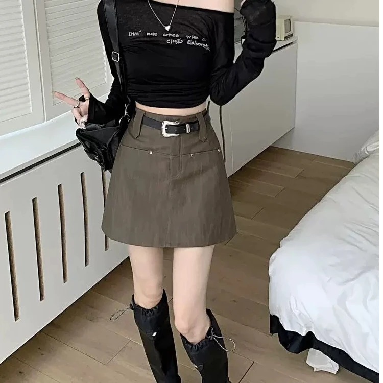 配腰带辣妹复古防走光半身裙女秋季新款高腰显瘦A字裙短裙子