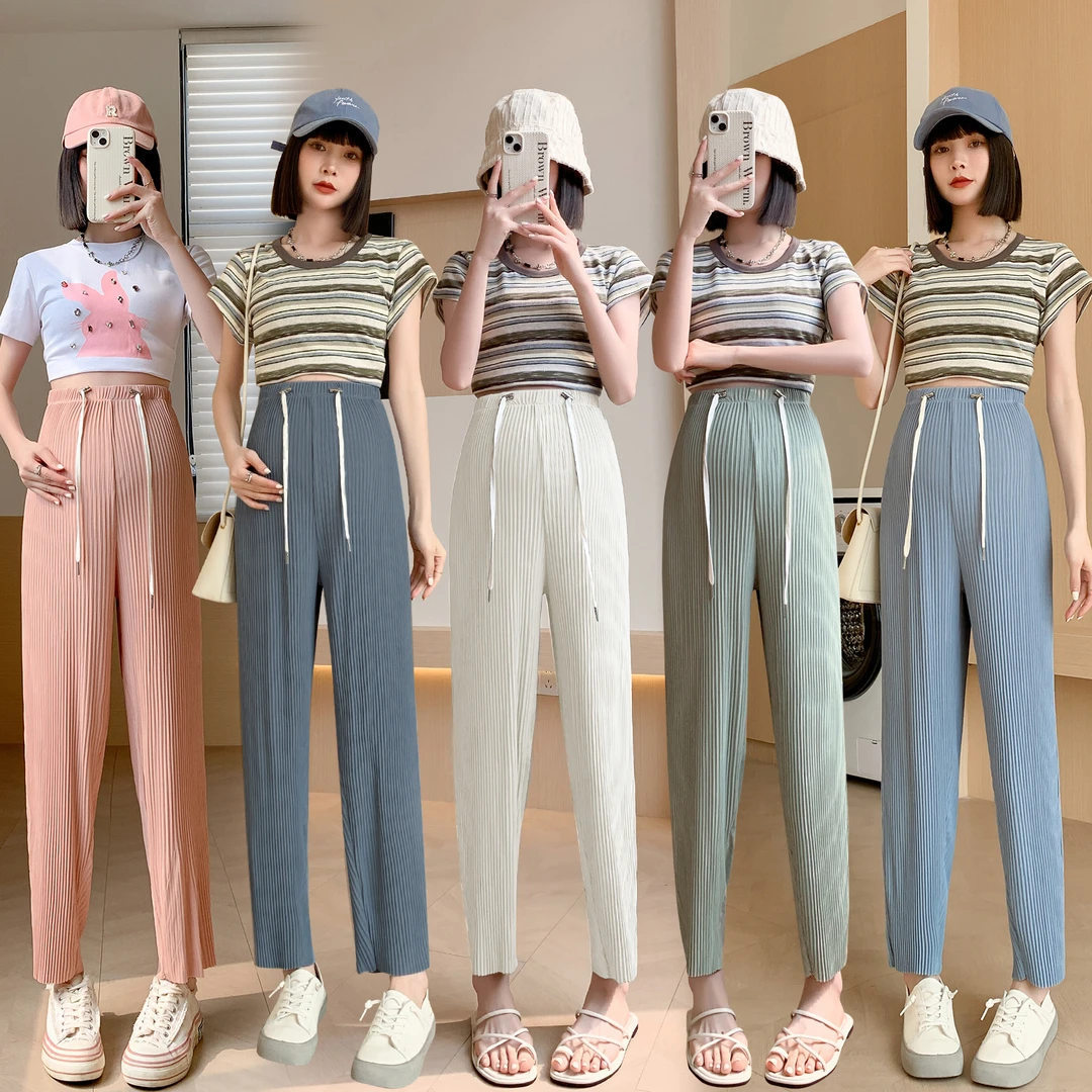 孕妇裤夏季2025新品宽松抽绳压褶冰丝直筒九分裤小个子垂感萝卜裤
