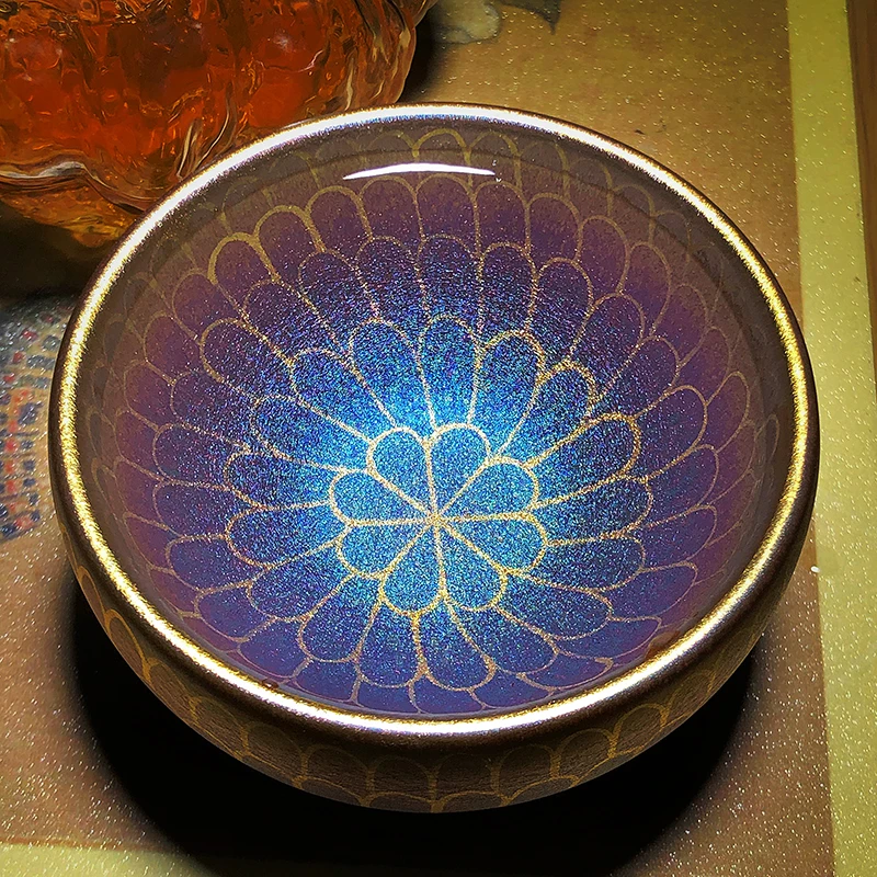 粉色七彩佛莲杯建阳建盏茶盏大师级主人杯茶杯盏杯高档金盏莲花杯