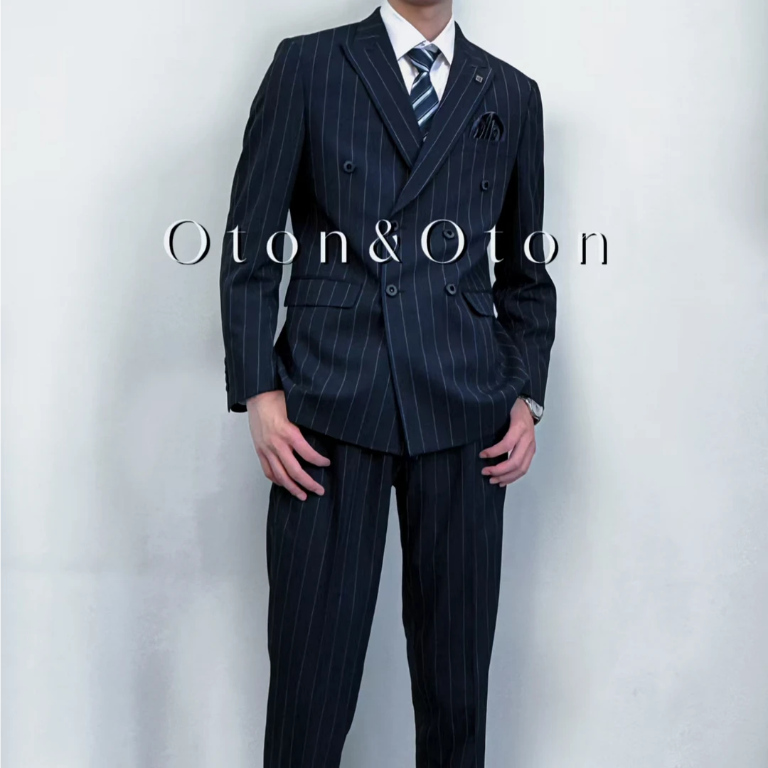 欧顿经典藏青色竖条纹双排扣男士商务休闲套西【时尚】【潮流】【修身】