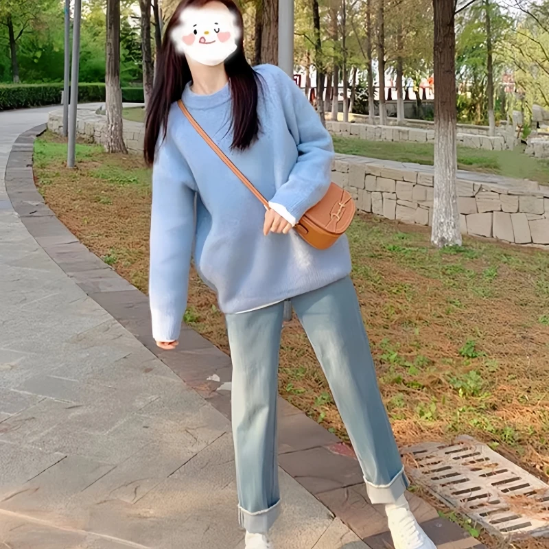 三件套装女秋冬新款慵懒风韩系减龄打底衫针织毛衣显瘦牛仔裤套装