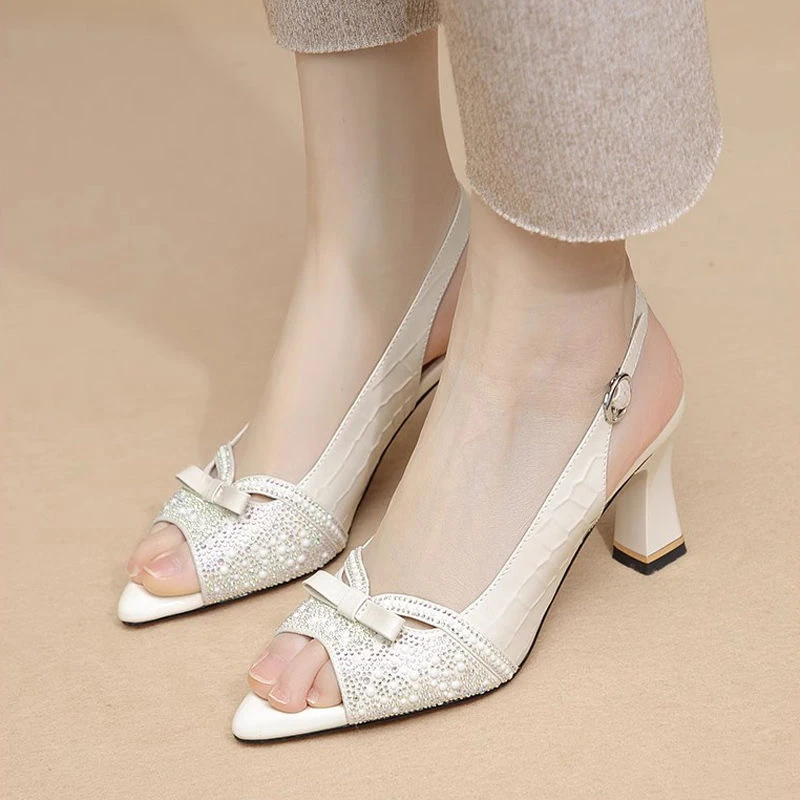 软皮鱼嘴高跟鞋女2024年夏季新款气质法式粗跟女鞋蝴蝶结水钻凉鞋