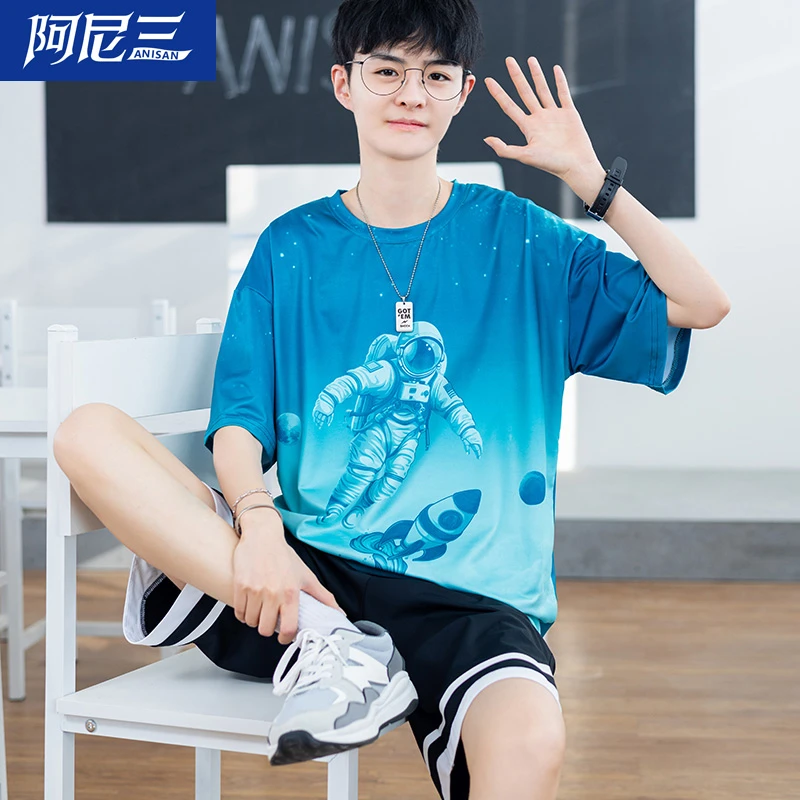 青少年夏季冰丝运动套装男2025新款短袖短裤男士穿搭一整套运动服