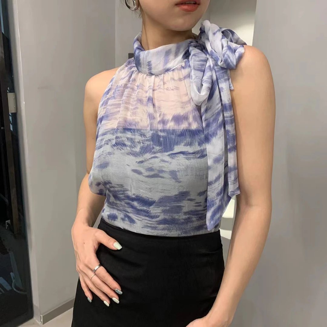 【福利清仓】设计师款三色花色桑蚕丝飘带无袖挂脖背心