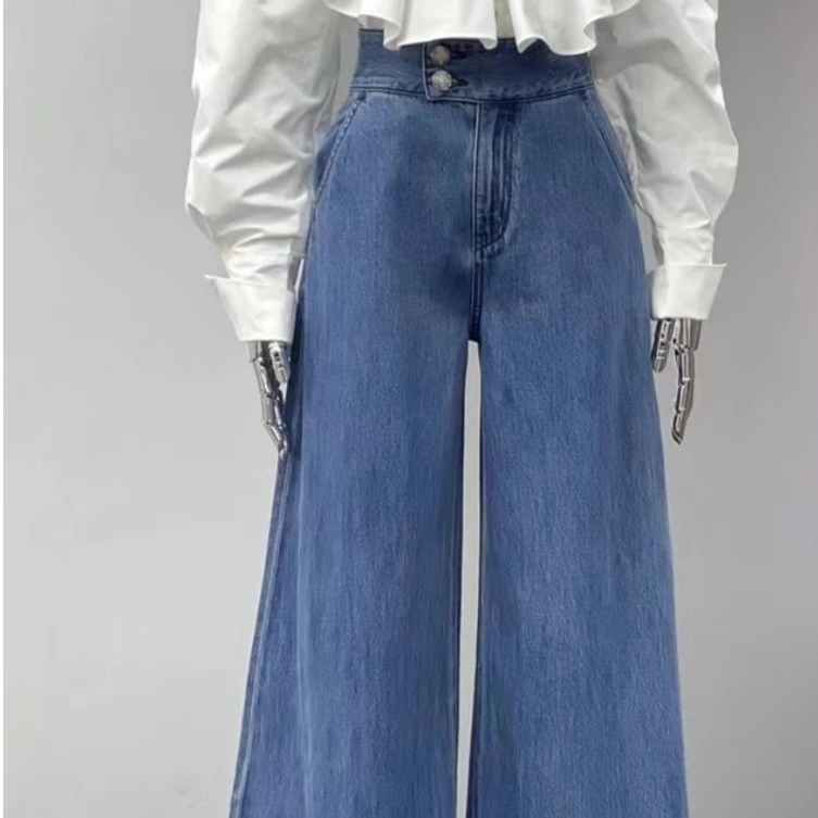 设计师款超高腰大阔腿牛仔裤