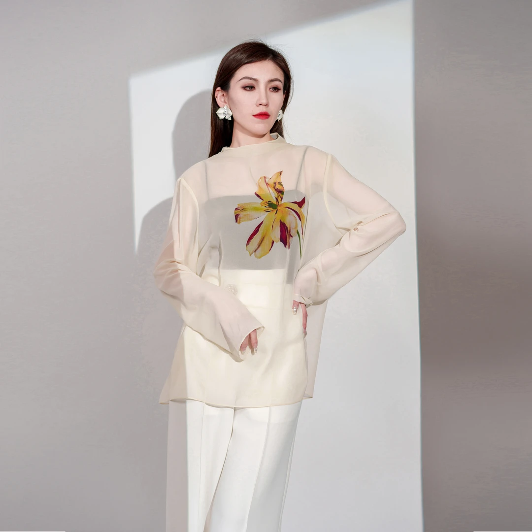 夏季新款小众时尚后系扣印花大花朵薄款百搭宽松中式上衣衬衫