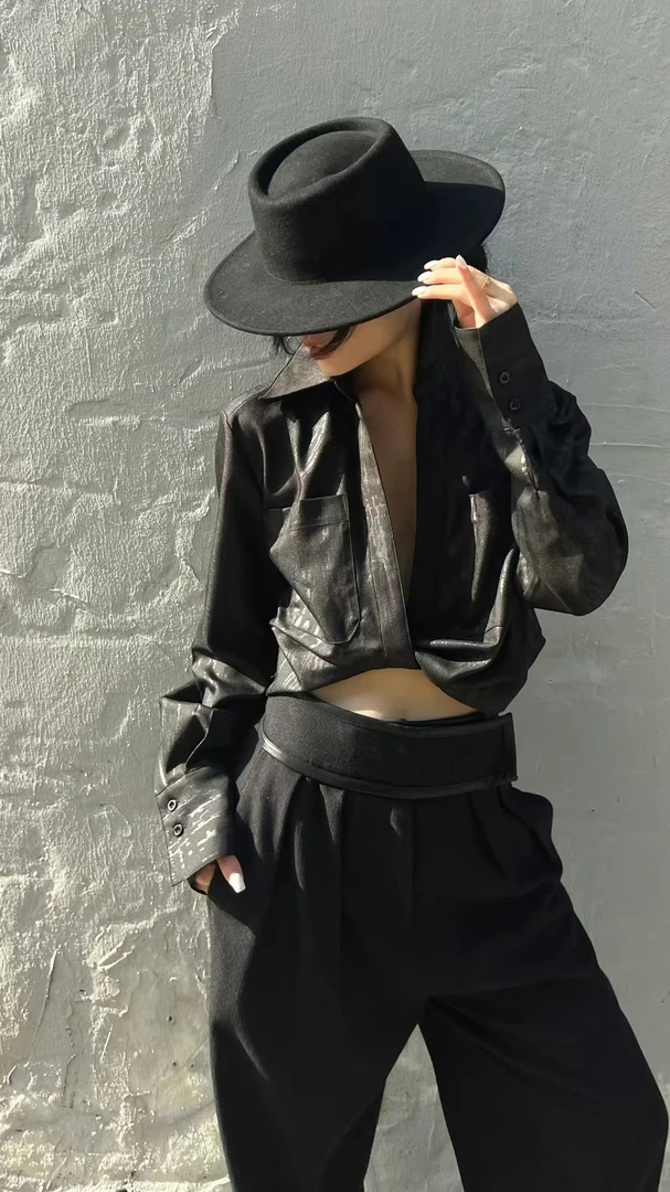 秋季气质半开翻领打结设计双口袋时尚长袖女士休闲短款衬衫