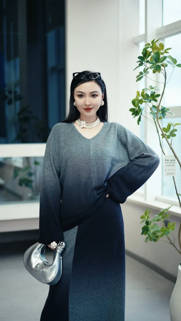 雅丹秋季新款慵懒风渐变色V领毛衣女款宽松显瘦针织套装