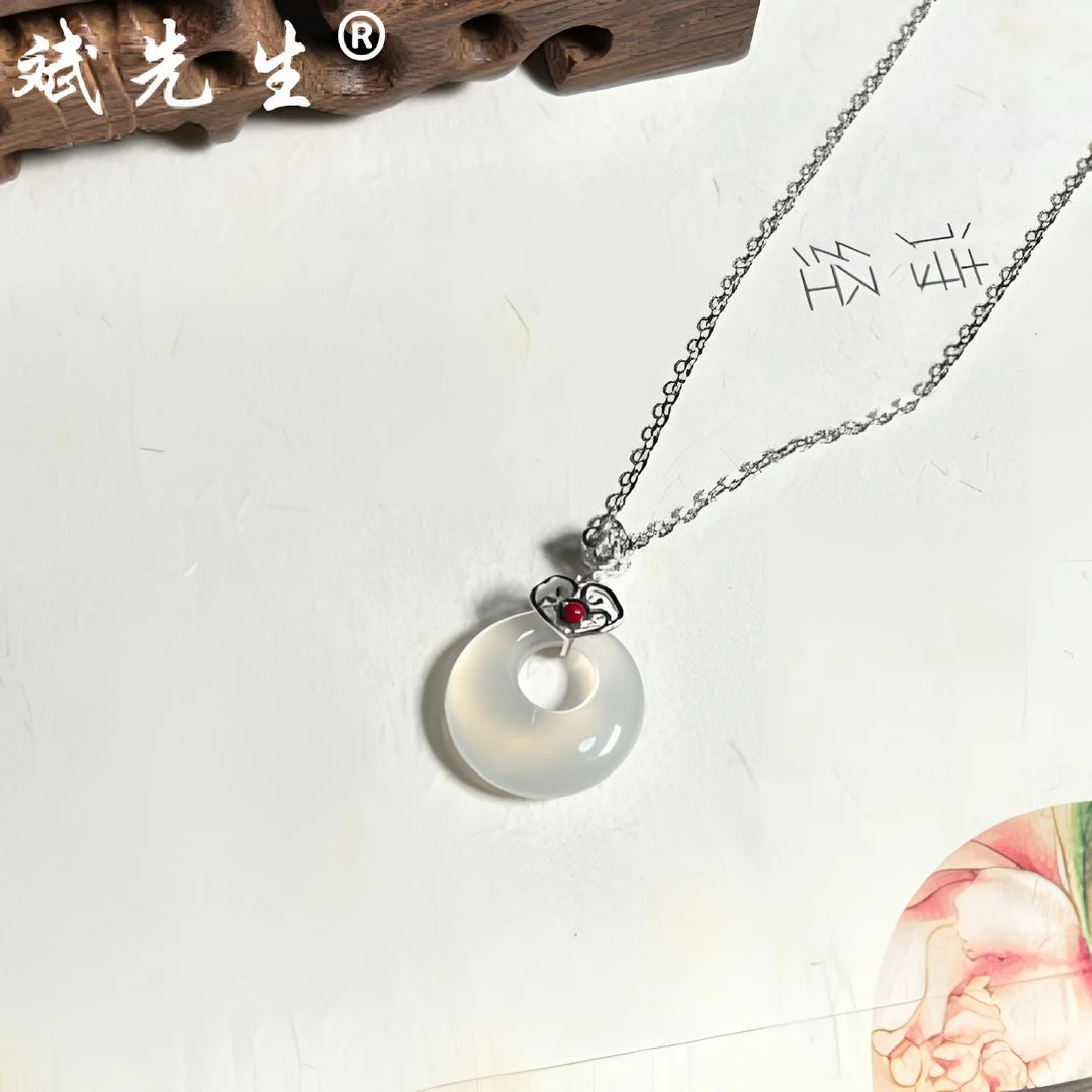 【斌先生】天然玉髓 925银月牙套链 祥云如意锁 国风轻奢气质