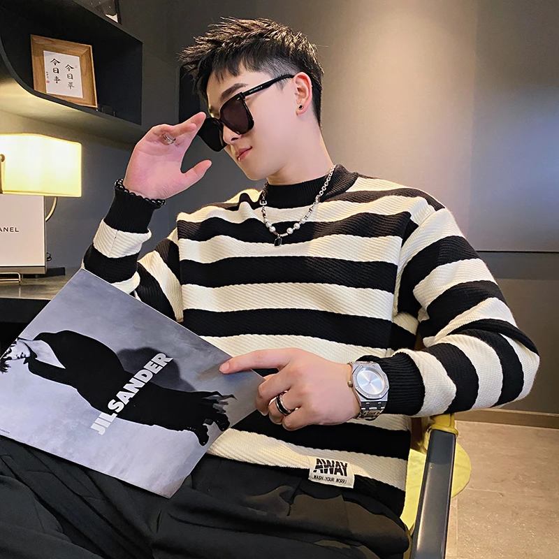 潮牌男士毛衣加厚冬季社会小伙斑马纹设计黑白条复古毛衣男痞帅衣