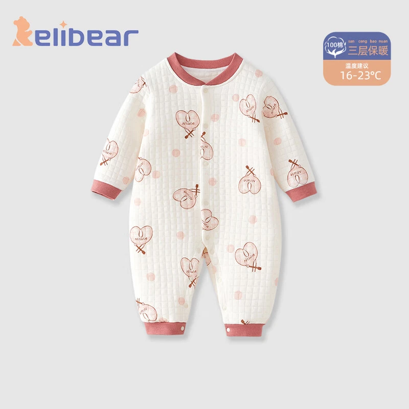 颗粒熊婴儿纯棉连体衣儿童春秋三层保暖爬服秋冬季男女宝宝长袖