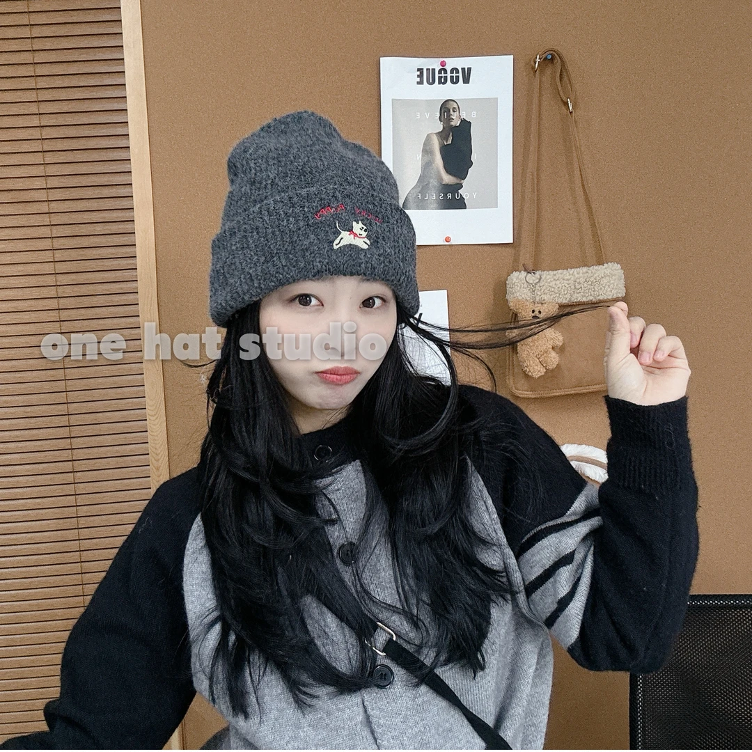 韩系可爱小狗刺绣针织帽女生秋冬保暖显脸小护耳毛线帽百搭冷帽男