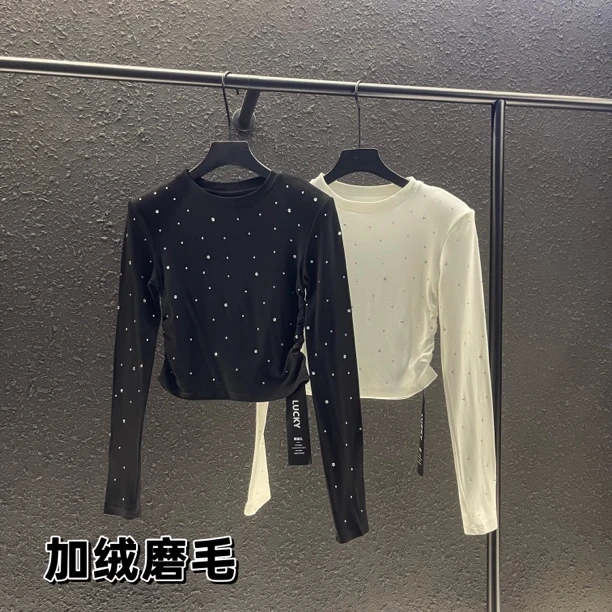 烫钻黑色长袖打底衫T恤女秋冬圆领洋气减龄短款内搭上衣9981#