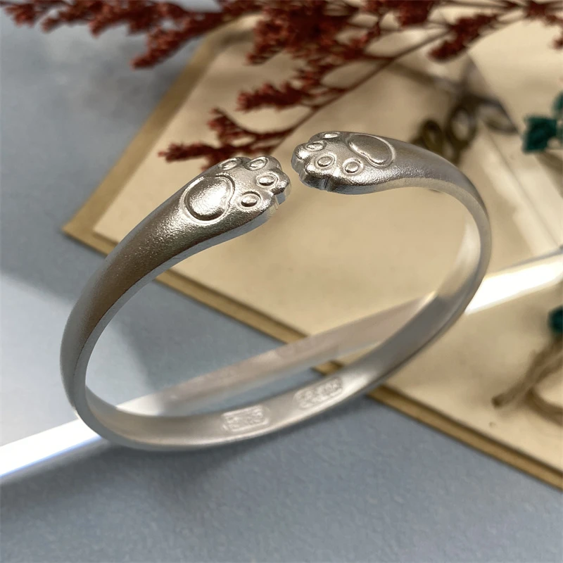 足银手镯 猫爪银女生纯银9999实心光面磨砂镯子轻奢小众送女友520