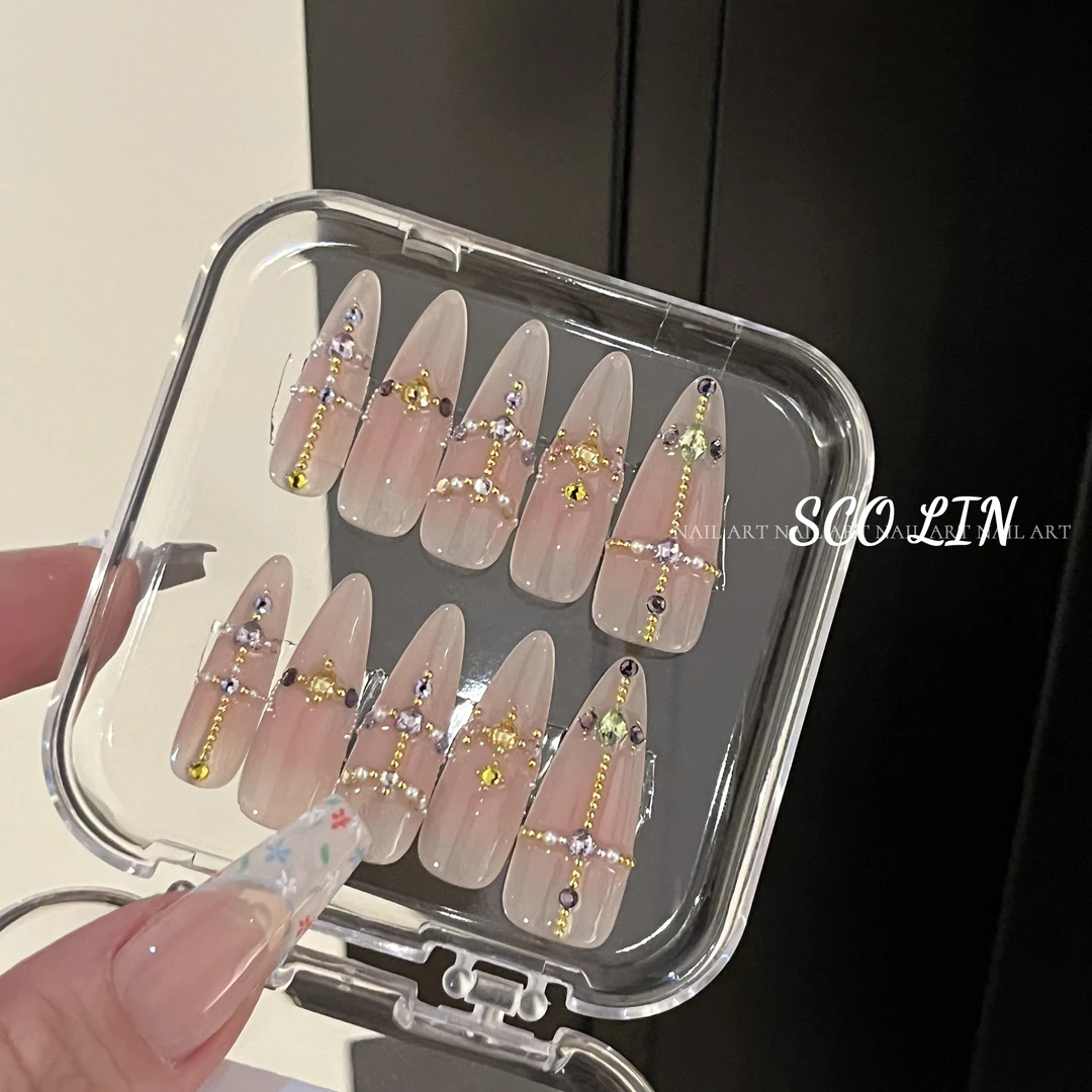 ScoLin【契拉提】手工定制美甲 纯欲腮红彩色锆石长水滴穿戴甲