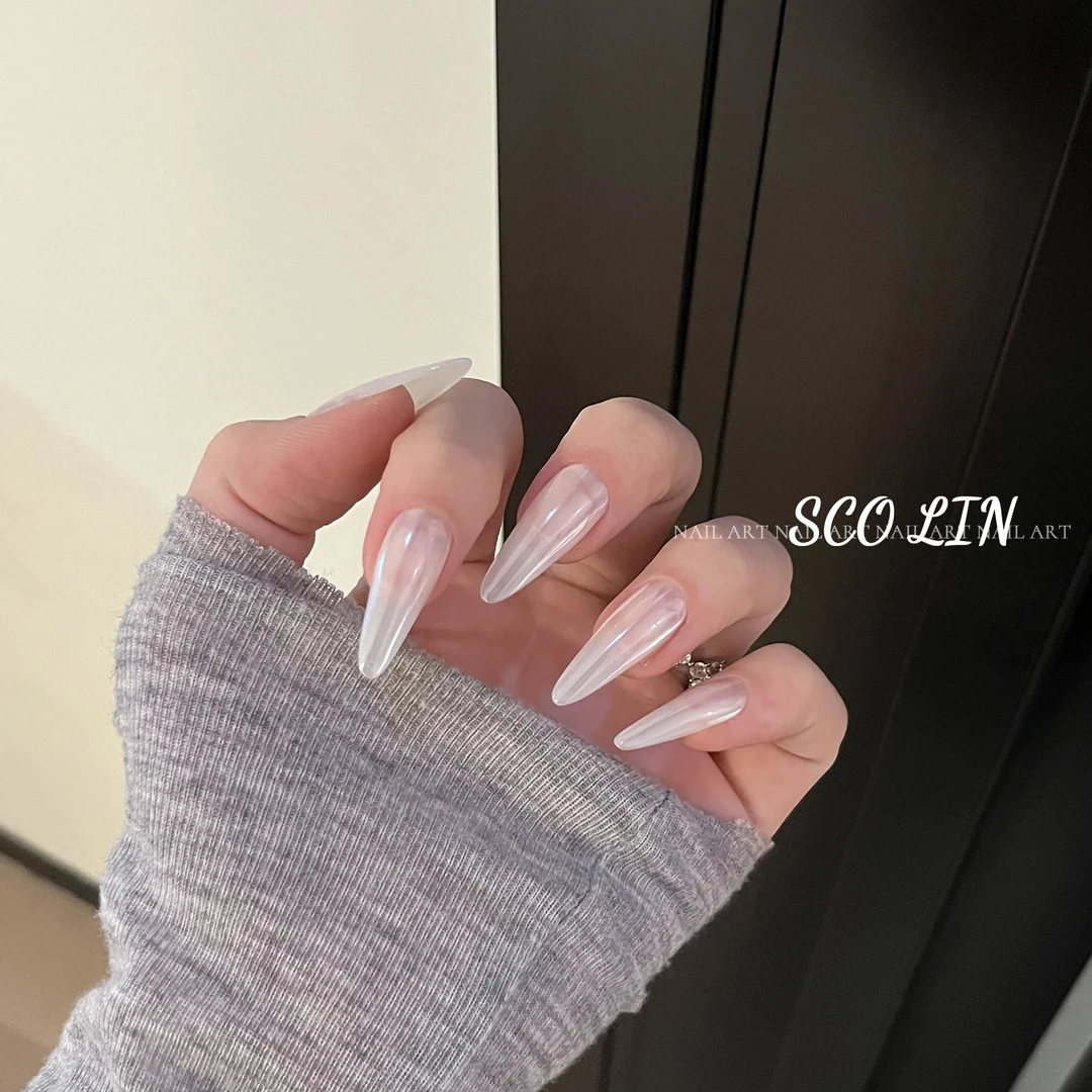 ScoLin【月光公主】日式手工定制甲片ins珍珠白极光长尖圆穿戴甲