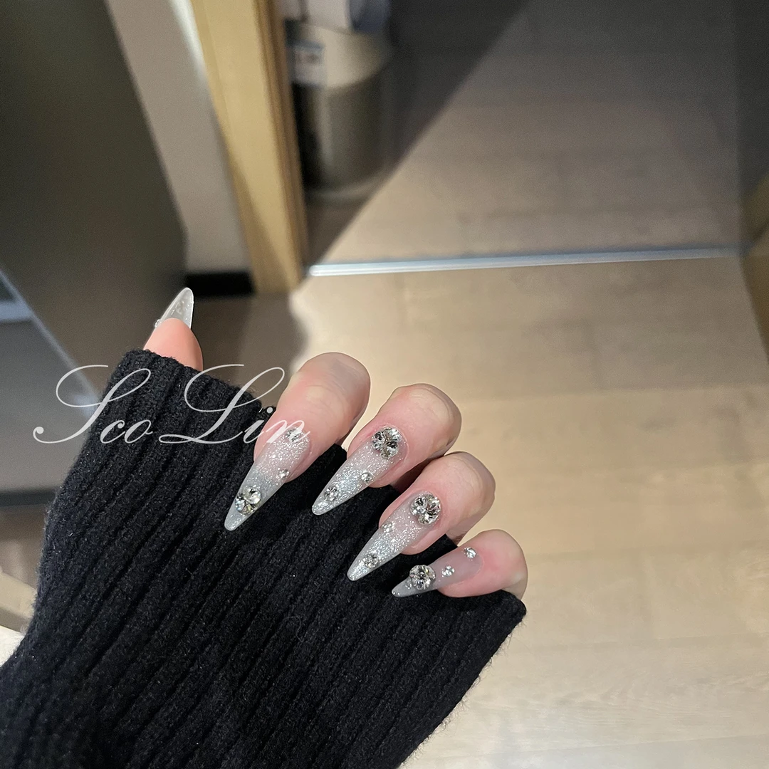 ScoLin 【暮光】手工定制穿戴甲 全华 爆闪水晶猫眼钻球长水滴美甲