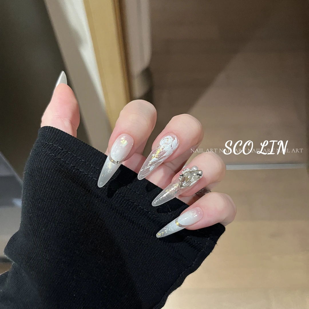 ScoLin【清冷野玫瑰】千金法式施华洛手工定制美甲超长杏仁穿戴甲