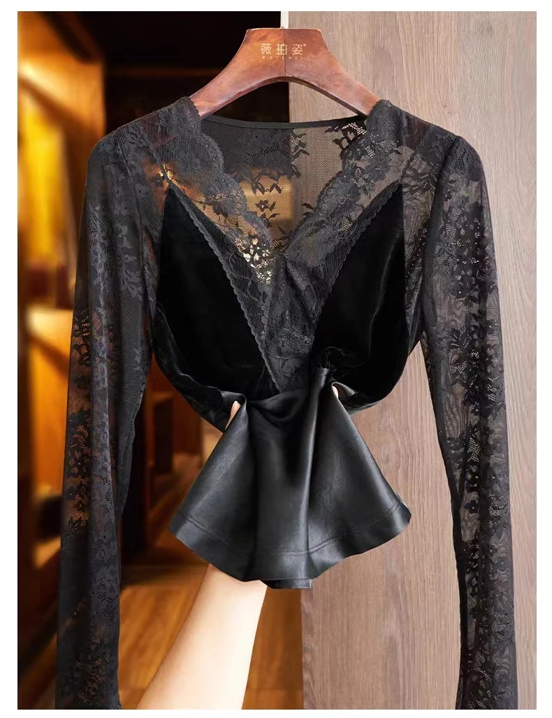 【晓时尚fashion】高级感秋冬季时尚拼接蕾丝女士打底