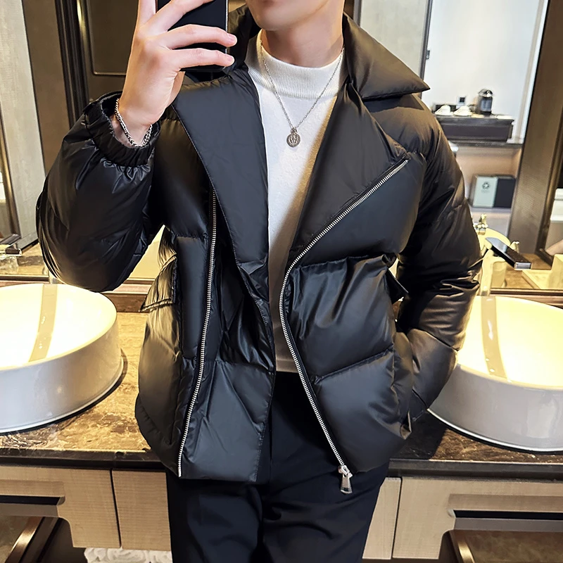 冬季宽松西装领轻薄棉服白鸭绒保暖外套男大翻领面包服保暖加厚