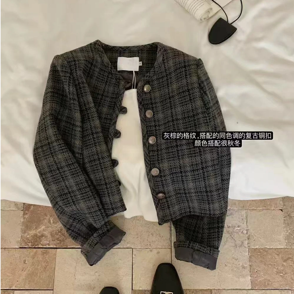 【芸尚】小香风秋冬款格子休闲时尚圆领短款外套859#