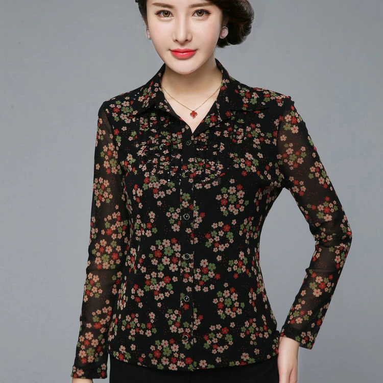 春夏中年妈妈装长袖弹力大码高档衬衫40-50岁开衫