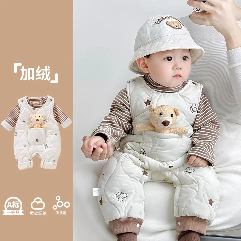婴儿衣服秋冬新款防风背带裤连体衣加绒加厚超萌宝宝冬季外出棉服