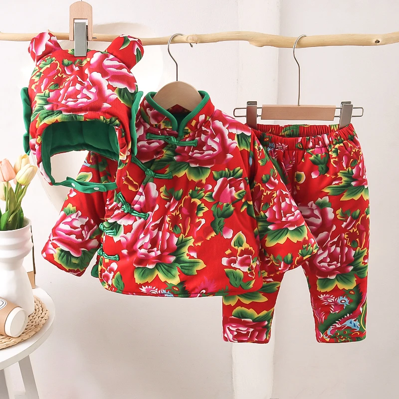 女童棉衣儿童东北大花宝宝婴儿冬装套装男童过年唐装加厚保暖棉袄