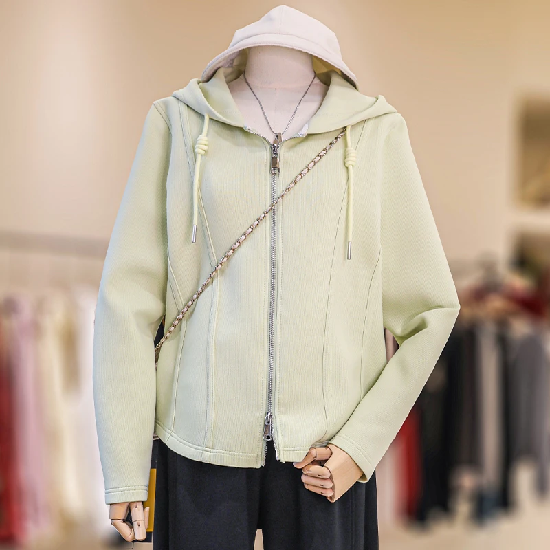 ZAW大码连帽拉链卫衣外套女春秋长袖胖mm显瘦休闲百搭上衣#24041