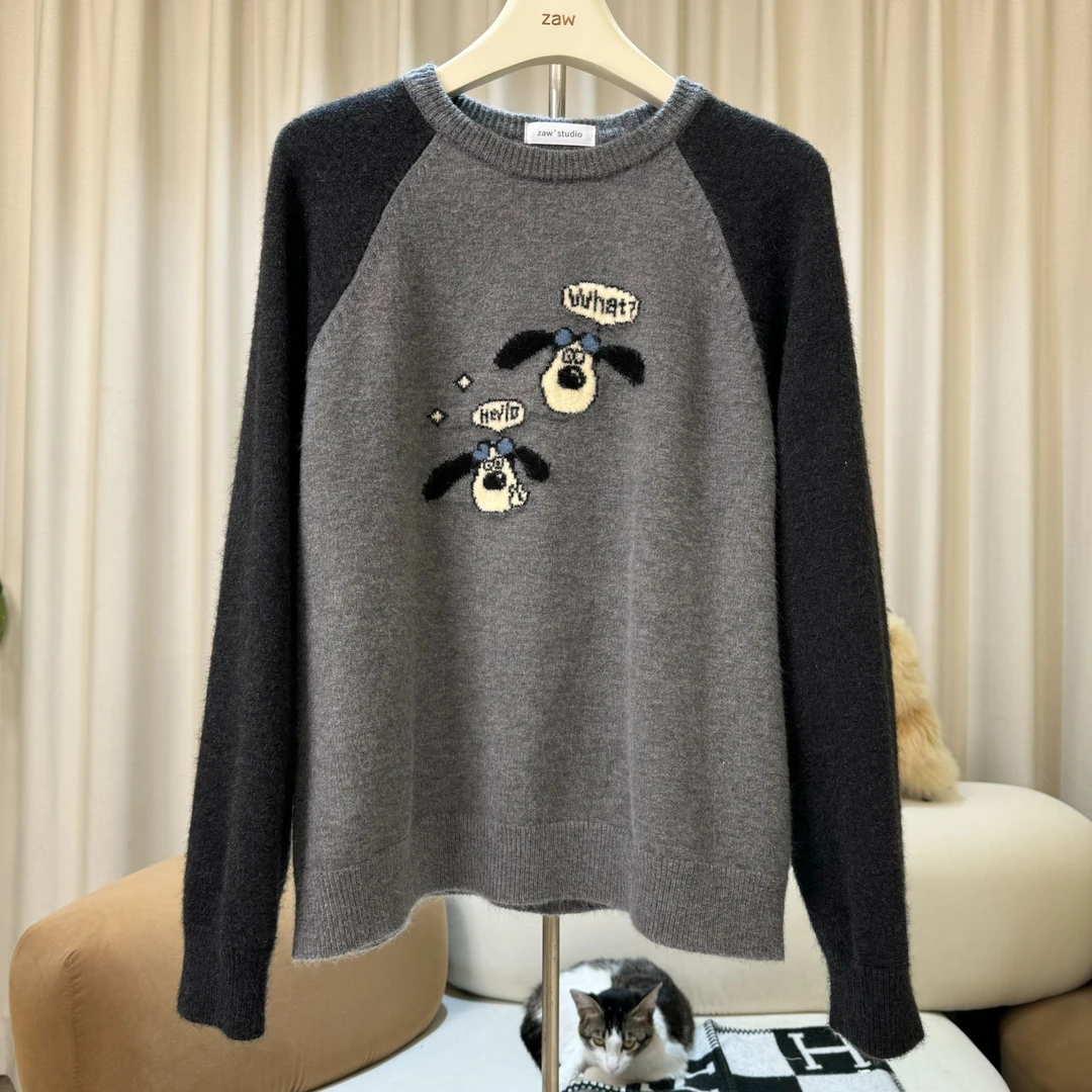 zaw大码女装胖妹妹宽松撞色插件袖毛衣女洋气胖妹妹上衣/24628