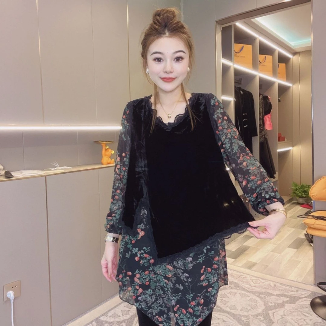 秋季新款假两件套2024高档印花衬衫丝绒马甲宽松气质中长款套装潮