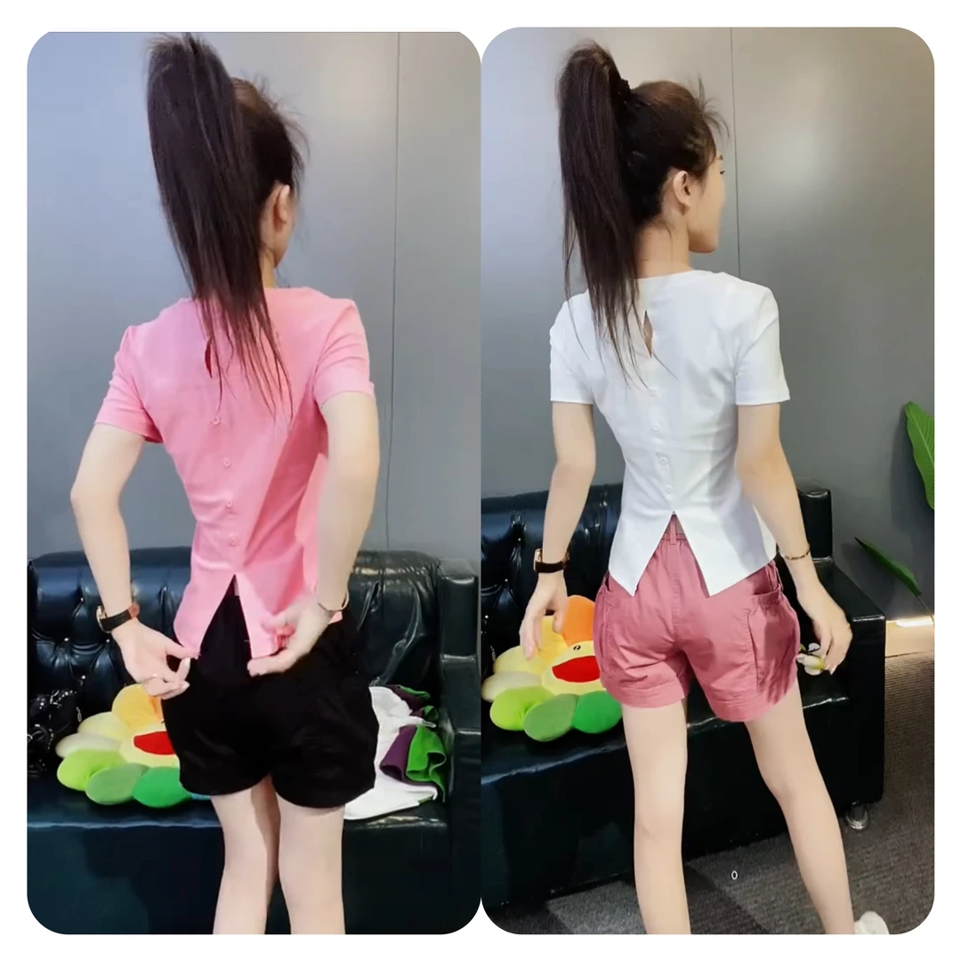 短袖t恤女夏设计感别致不规则后开叉收腰显瘦体恤修身打底上衣潮