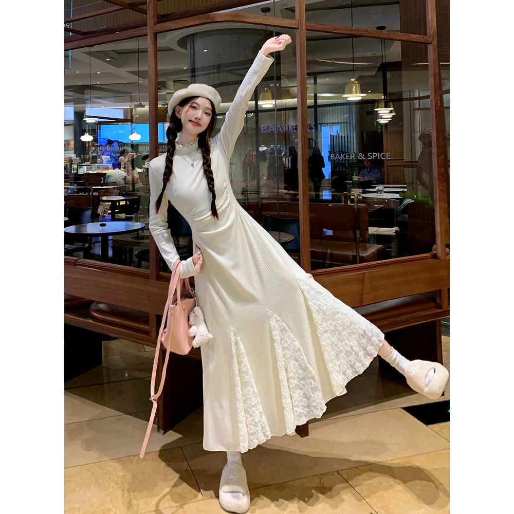 小个子白色针织连衣裙春秋新款长袖蕾丝毛衣大衣内搭打底鱼尾裙子