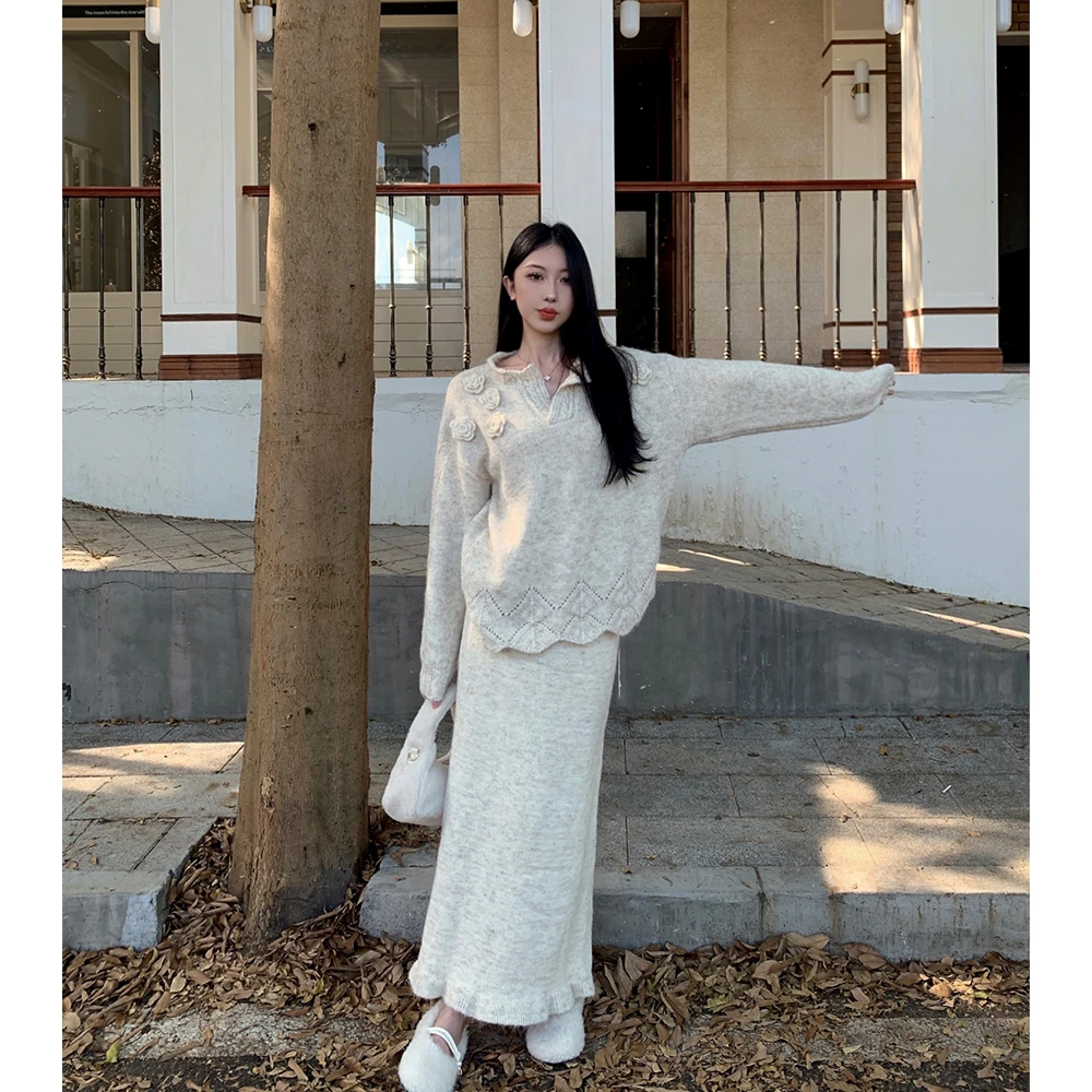 秋冬立体花朵宽松针织毛衣裙子两件套穿搭一整套鱼尾半身裙套装女
