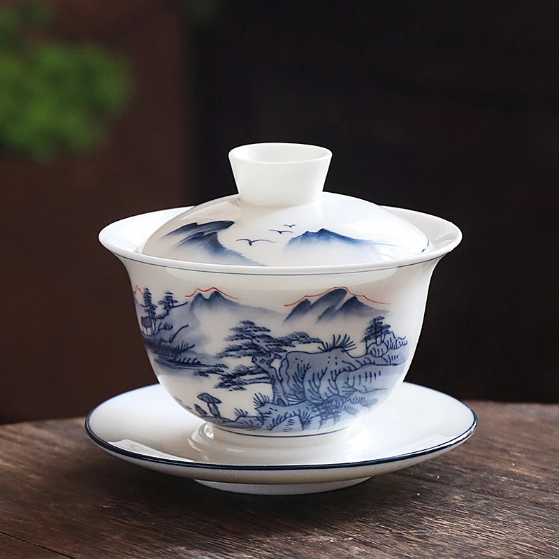 子规羊脂玉陶瓷茶具手工大容量盖碗茶具茶盘茶器茶壶茶具套装简约