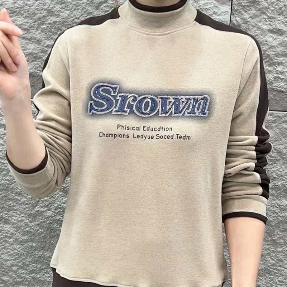 冬季新款【德绒加厚】女士时尚简约百搭重工烫钻半高领长袖保暖上衣