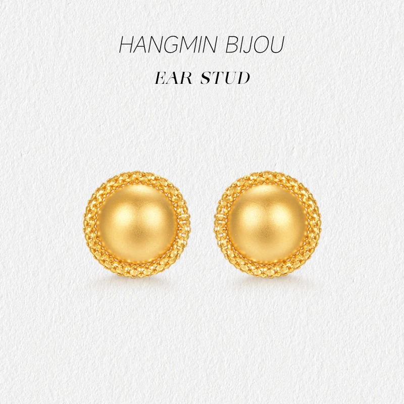 航民首饰 纽扣耳钉 18K金耳钉K黄复古半圆摩登耳饰女XYJK0114计件