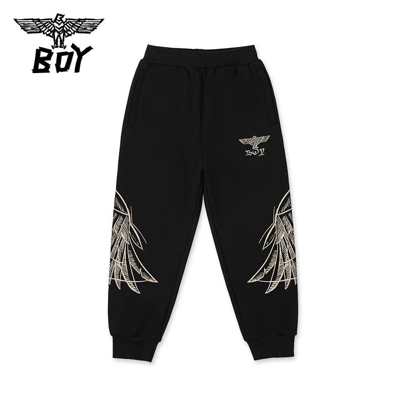 BOY JUNIOR潮牌男女儿童装裤腿翅膀印花基础版型舒适针织长裤K150