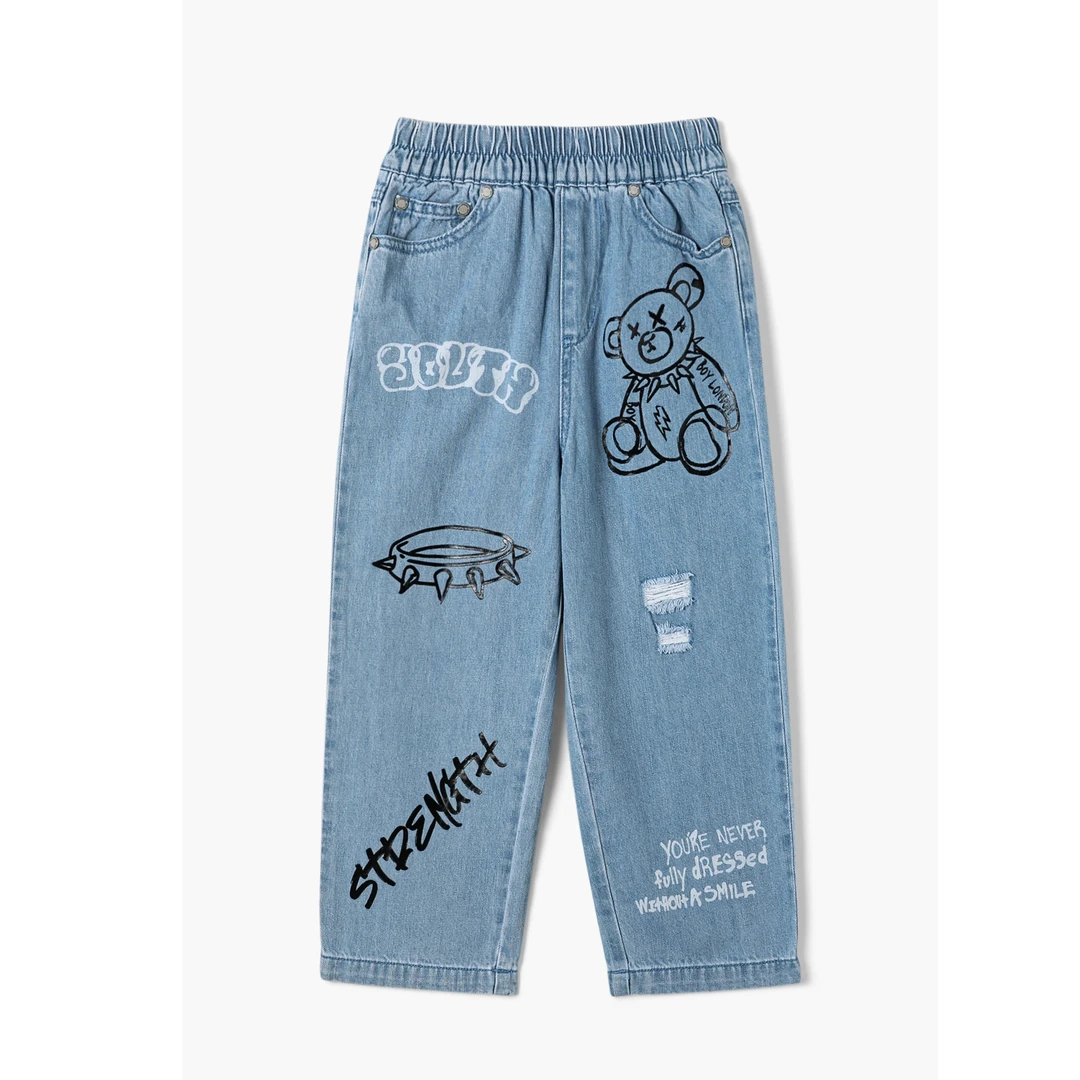 BOY童装牛仔长裤男女童水洗涂鸦印花潮酷百搭破洞K55471