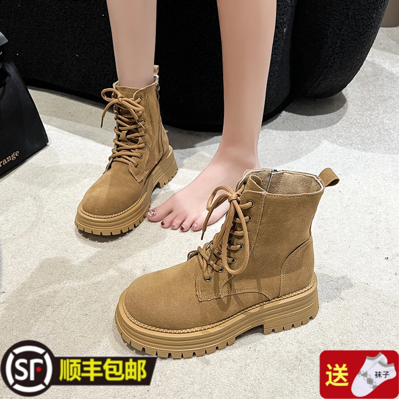 冬季新款时尚大黄靴小众设计子女小个子马丁靴百搭洋气厚底工装靴