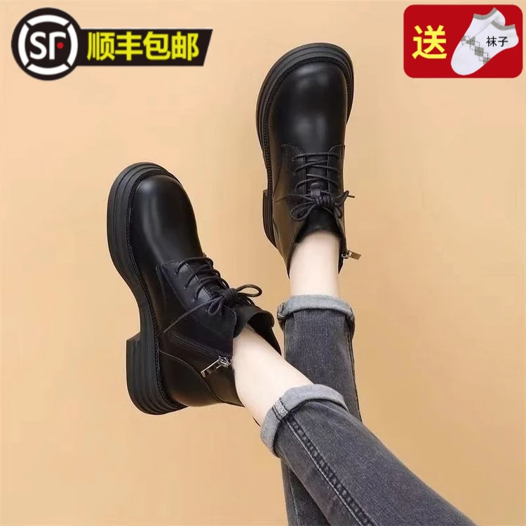 小个子棕色时尚马丁靴女鞋新款秋冬加绒短靴中跟厚底粗跟百搭棉鞋