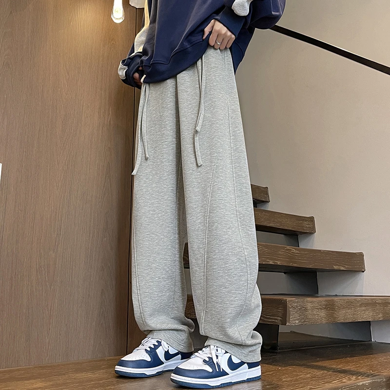灰色重磅休闲卫裤男春秋美式潮牌弯刀裤潮流宽松直筒阔腿运动裤子