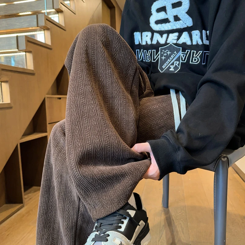 麦穗纹提花重磅休闲卫裤男秋冬加绒加厚潮牌宽松直筒阔腿运动裤子