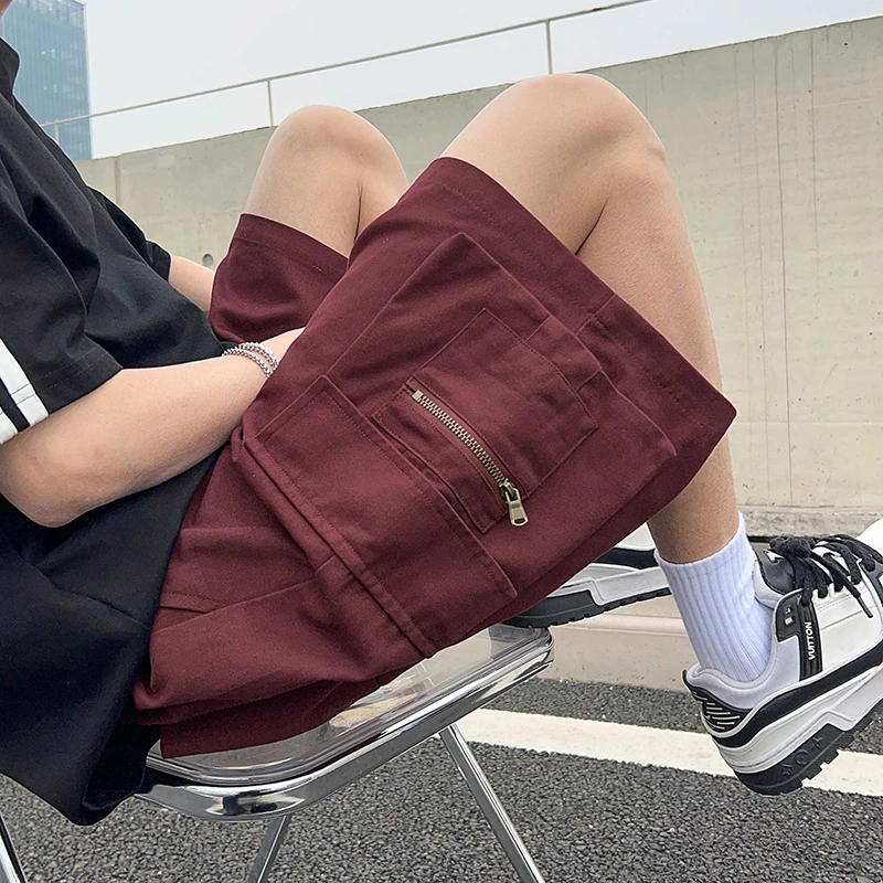 美式复古酒红色工装短裤男夏季潮牌休闲裤子宽松直筒阔腿五分中裤