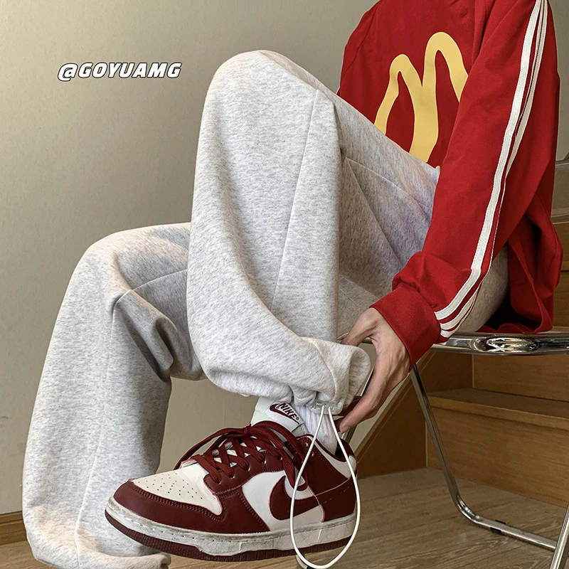 重磅340克休闲卫裤男春秋美式潮牌宽松直筒阔腿束脚抽绳运动裤子